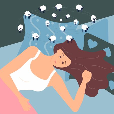Young woman character is lying on back with insomnia. Female Insomniac is counting sheeps. Sleep control concept. Flat Art Vector illustrationのイラスト素材