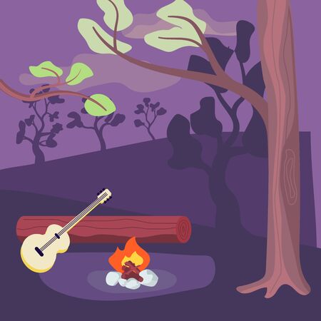 Nature night landscape with campfire, log and guitar. Flat Art Vector illustrationのイラスト素材