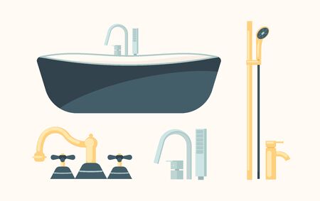 Bathtub with set of faucets. Dark basin and bath-shower mixers on white background. Flat Art Vector illustrationのイラスト素材