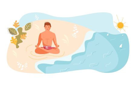 Young man at the sea beach in yoga pose. Metaphor of freedom and harmony with nature. Flat Art Vector Illustrationのイラスト素材