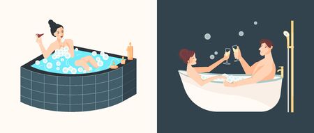 People sits in bathtub, and taking a bath in home spa. Flat Art Vector Illustration