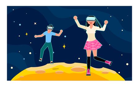 People character in virtual reality game. Man and woman in vr glasses run on the moon. Flat Art Vector illustrationのイラスト素材