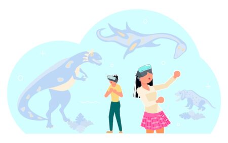 People character in virtual reality game. Man and woman in vr glasses interact with dinosaurs. Flat Art Vector illustrationのイラスト素材