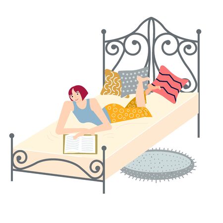 Young woman lies on his stomach in her bed and flips through a magazine or book. Flat Art Vector Illustrationのイラスト素材