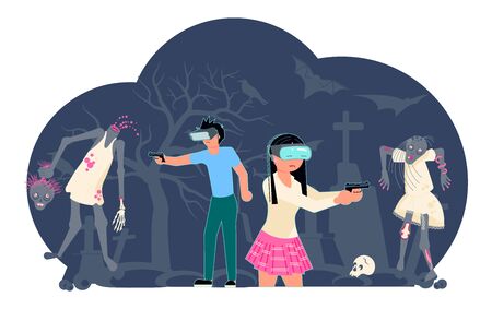 People character in virtual reality game. Man and woman in vr glasses shoot zombies. Flat Art Vector illustrationのイラスト素材