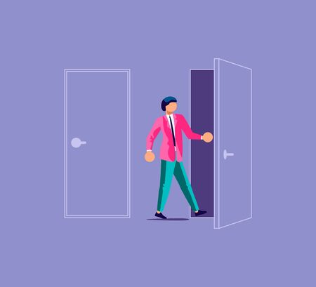 Man before choosing of way and deciding direction metaphor. Two doors and guy with Dilemma.のイラスト素材