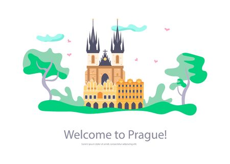 Landing web page template of Prague travel. Voyage around Europe, Saint Vitus Cathedral in Czech Republic. Flat Art Vector illustrationのイラスト素材