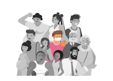 Virus carrier or infected man wearing medical mask in crowd of people.  Concept of coronavirus quarantine, prevent disease, flu and air pollution. Flat Art Vector Illustrationのイラスト素材