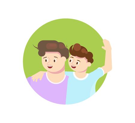 Quarantined people look out of the windows of their apartments. Man with son applauds and thanks doctors. Flat Art Vector Illustrationのイラスト素材