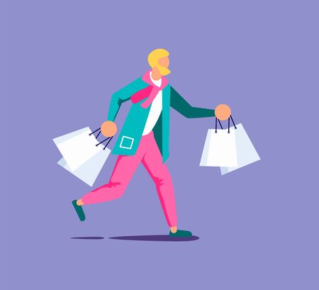 Male Volunteer in face mask Delivers fresh groceries and food to Elderly and Disabled People. Social Help and Support during prevention of coronavirus. Isolated on purple. Flat Art Vector Illustrationのイラスト素材