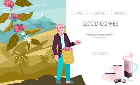 Landing web page template with male coffee farmer hold basket with mature coffee beans. Panoramic coffee plantation landscape Branch with coffee beans and hills background Flat Art Vector Illustrationのイラスト素材