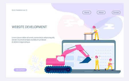 Landing web page template with website development, under construction, webpage building process, site form layout and interface develop. Flat Art Vector Illustrationのイラスト素材