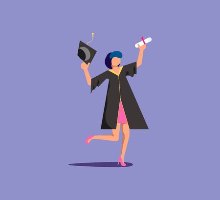 Graduated woman in academic dress and square cap jumping for joy.  Celebration of Graduation day Students in college and university. Flat Art Vector Illustrationのイラスト素材