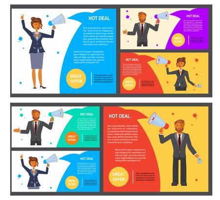 Set of Great offer voucher. Businessman and business woman makes announcement of the Hot Deal at the speaker. Flat Art Vector illustrationのイラスト素材