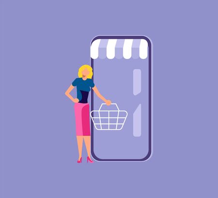 Woman with shopping basket near smartphone. Online Shopping metaphor. Isolated on purple. Flat Art Vector Illustrationのイラスト素材