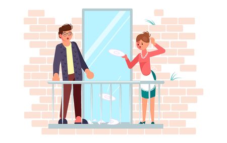 Married couple quarrel and have a family scandal on the balcony. Activity and hobbies during the coronavirus pandemic. Flat Art Vector Illustrationのイラスト素材