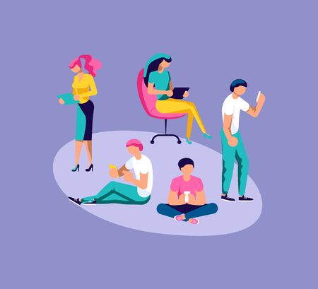 Young people using their digital devices. Characters with smartphones and tablets ñhatting, surfing, working and learning. Isolated on purple. Flat Art Vector Illustrationのイラスト素材