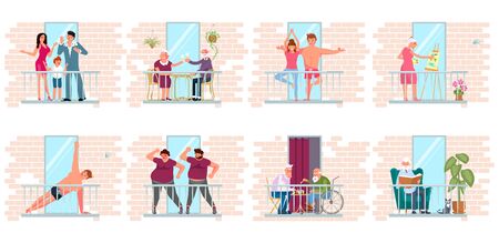 Different people stay at home. Neighbors doing yoga or exercises, drinking tea, working or relaxing on the balcony. Activity and hobbies during the coronavirus pandemic. Flat Art Vector Illustrationのイラスト素材