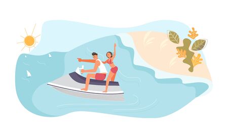 People have summer vacation on sea. A young man and woman race on aquabike. Flat Art Vector Illustrationのイラスト素材