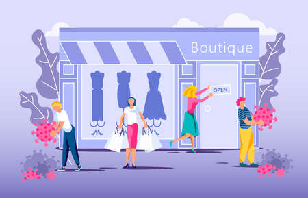 Lockdown and Stay Home Time End, Pandemic Quarantine Finish concept. Recovery business after Economic crisis caused by coronavirus. Shop owner sweeps dead viruses. Flat Art Vector Illustrationのイラスト素材