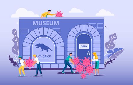 Lockdown and Stay Home Time End, Coronavirus Quarantine Finish concept. Recovery business after Pandemic COVID-19 outbreak 2020. People sweeps dead viruses. Flat Art Vector Illustrationのイラスト素材