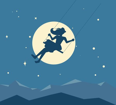 Silhouette of a young girl swinging on a swing against the background of the moon and the starry night sky. Daydreaming and nostalgia metaphor. Flat Art Vector Illustrationのイラスト素材