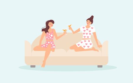 Two young beautiful girlfriends are sitting on the couch in their pajamas, drinking wine, chatting. Pajama party or pillow talking concept. Flat Art Vector Illustrationのイラスト素材