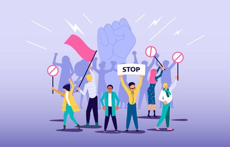 People crowd on Demonstration holding flag, banners and signs. Protest, manifestation, strike or revolution concept on hand clenched into fist silhouette background. Flat Art Vector Illustrationのイラスト素材