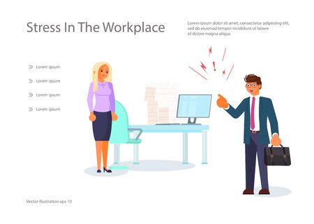 Landing web page template with Angry boss and frightened employee. Female character experiences stress at work. Bullying and harassment at office concept. Flat Art Vector Illustrationのイラスト素材