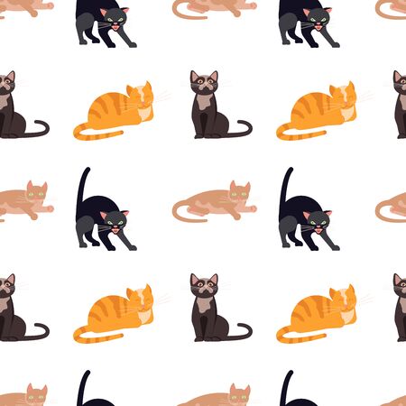 Cartoon Cat characters seamless pattern. Different playful Kittens poses and emotions set. Flat color simple style design. Flat Art Vector Illustrationのイラスト素材