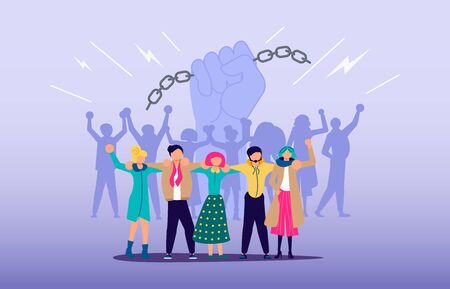 Crowd of people protesters concept. Revolution, conflict and fight for Human rights. Protest raised arm fist with chain jy background. Flat Art Vector Illustrationのイラスト素材