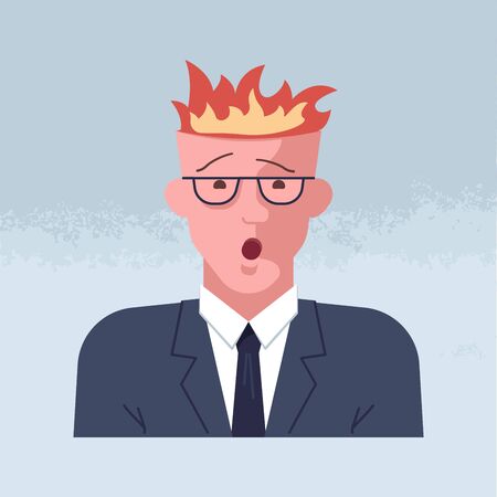 Mental breakdown and personal burnout. Psychological trauma concept. Man head with burning brain under work and life problems. Flat Art Vector Illustrationのイラスト素材