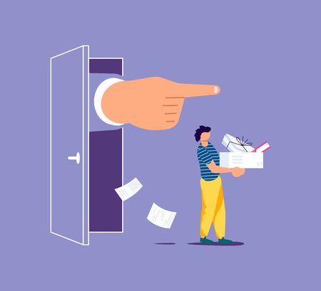 Concept of dismissal employees. Unemployment, jobless and employee job reduction metaphor. Economic crisis caused by coronavirus. Isolated on purple. Flat Art Vector Illustrationのイラスト素材