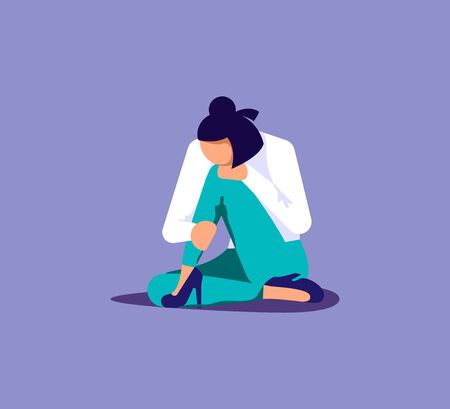 Young sad and unhappy woman sitting on the ground and hugs her knees. Sadness and depression concept. Isolated on purple. Flat Art Vector Illustrationのイラスト素材