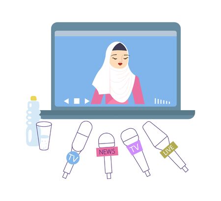 Arab woman have a online press conferece by laptop, world live tv news streaming or interview. Vlogging broadcast and video recording. Flat Art Vector Illustrationのイラスト素材