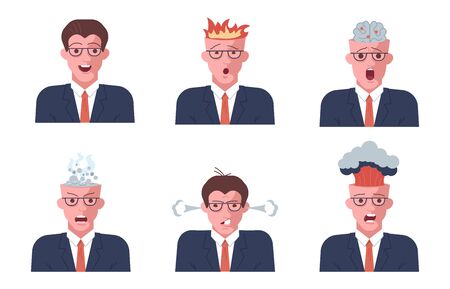 Set of Mental breakdown and personal burnout. Psychological trauma concept. Man head with burning brain under work and life problems. Flat Art Vector Illustrationのイラスト素材