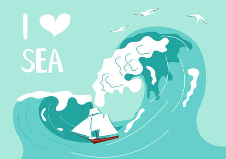 Postcard I love sea in a marine style. Sailboat is shipwrecked in huge waves on aquamarine background.のイラスト素材