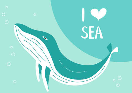 Postcard I love sea in a marine style. Underwater scene with blue whale on aquamarine background.のイラスト素材