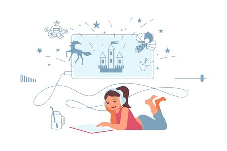 Little girl listening music or audiobook through headphones. Child is using digital technology fairytale from smartphone or tablet during lies on his stomach. Flat Art Vector Illustrationのイラスト素材