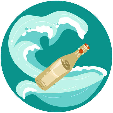 icon in sea stile. Underwater scene with Message in a bottle in the wave. Flat Art Vector illustrationのイラスト素材