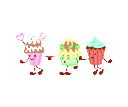 Cute funny cupcake characters isolated on white background. Beautiful simple cartoon design. Flat Art Vector Illustrationのイラスト素材