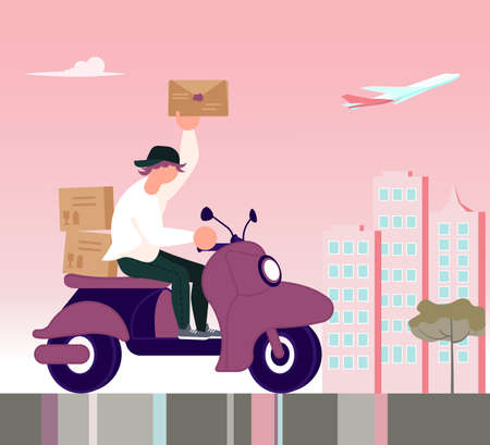 Square banner of Courier service. Fast delivery by scooter on the city and a pink sunset background, Online order concept, Ecommerce. Flat Art Vector Illustrationのイラスト素材