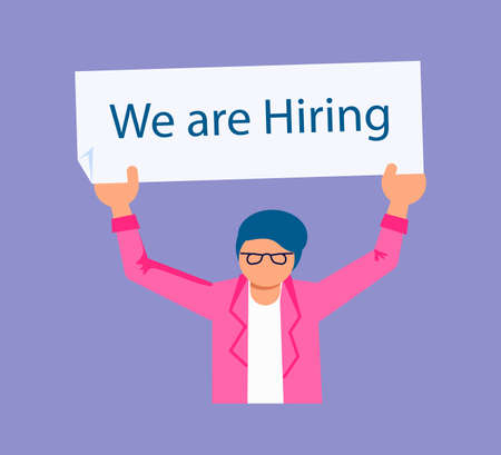 Along headhunter holds in hands a plate - We are hiring. Character for employee recruitment concept. Flat Art Vector illustrationのイラスト素材