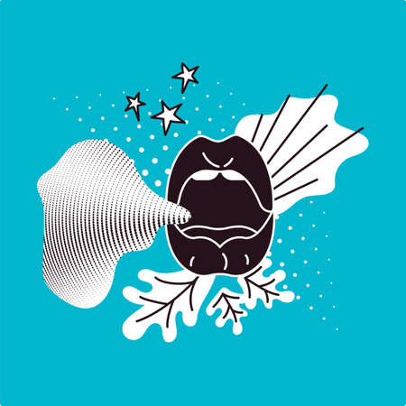 Pop Art style comic book panel composition with black lips and graphic elements  on the blue background. Vector Illustrationのイラスト素材