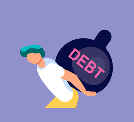Businessman is pulling a huge weight with a debt. Bankruptcy and investment failure and budget collapse. Economic crisis caused by coronavirus outbreak. Flat Art Vector Illustrationのイラスト素材