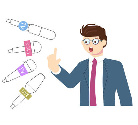 Business man have a online press conferece, world live tv news streaming or interview. Vlogging broadcast and video recording. Flat Art Vector Illustrationのイラスト素材