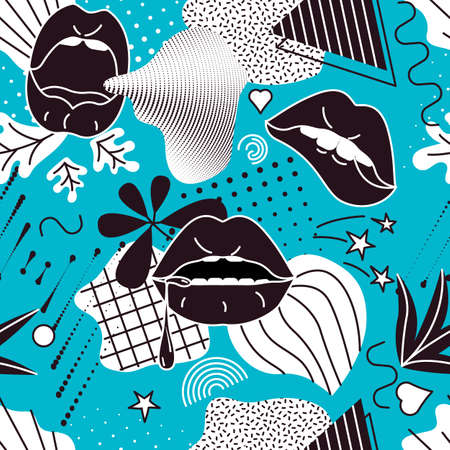 Pop Art style comic seamless pattern composition with black lips and graphic elements on the blue background.のイラスト素材
