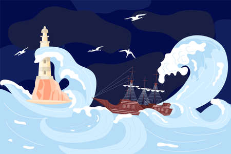 Lighthouse on a rock among storm waves, Sailboat is shipwrecked in huge wave on the dark blue background. Flat Art Vector illustrationのイラスト素材