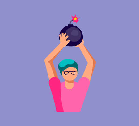 Young man holds a bomb business concept. decisiveness during a problem metaphor. Isolated on purple....
