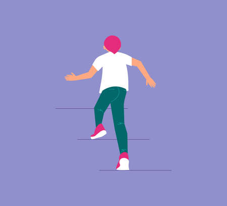 The guy climbs up the stairs. Development, goal achievement, aspiration, reaching aim, personal growth metaphor. Isolated on purple. Flat Art Vector Illustrationのイラスト素材